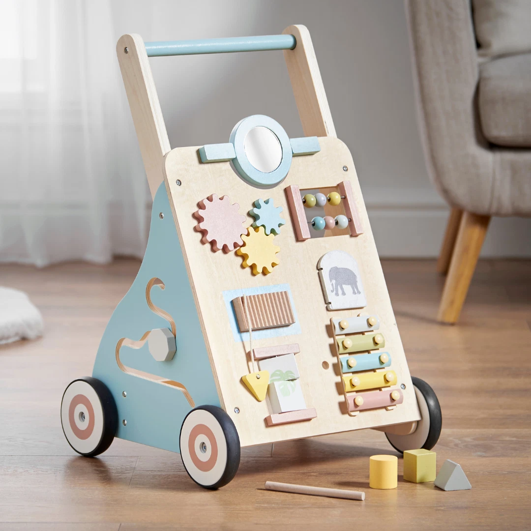 Wooden Baby Walker Toddler Activity Centre Scandi-Style Safari Cart Boys Girls