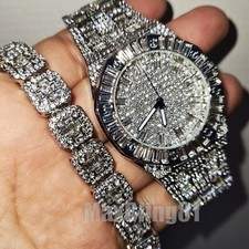 HIP HOP SILVER PT LUXURY BLING WATCH ICED BAGUETTE STONE CHAIN BRACELET SET