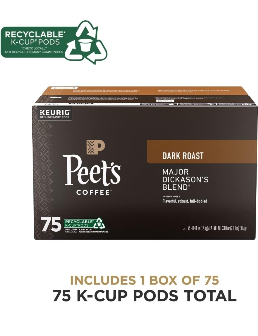 Peet's Coffee K-Cups, Dark Roast Major Dickason's Blend, 75 Count Coffee Pods