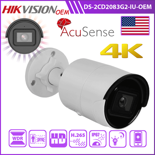 Hikvision OEM 8MP 4K DS-2CD2083G2-IU Network IP Camera AcuSense PoE Mic Bullet