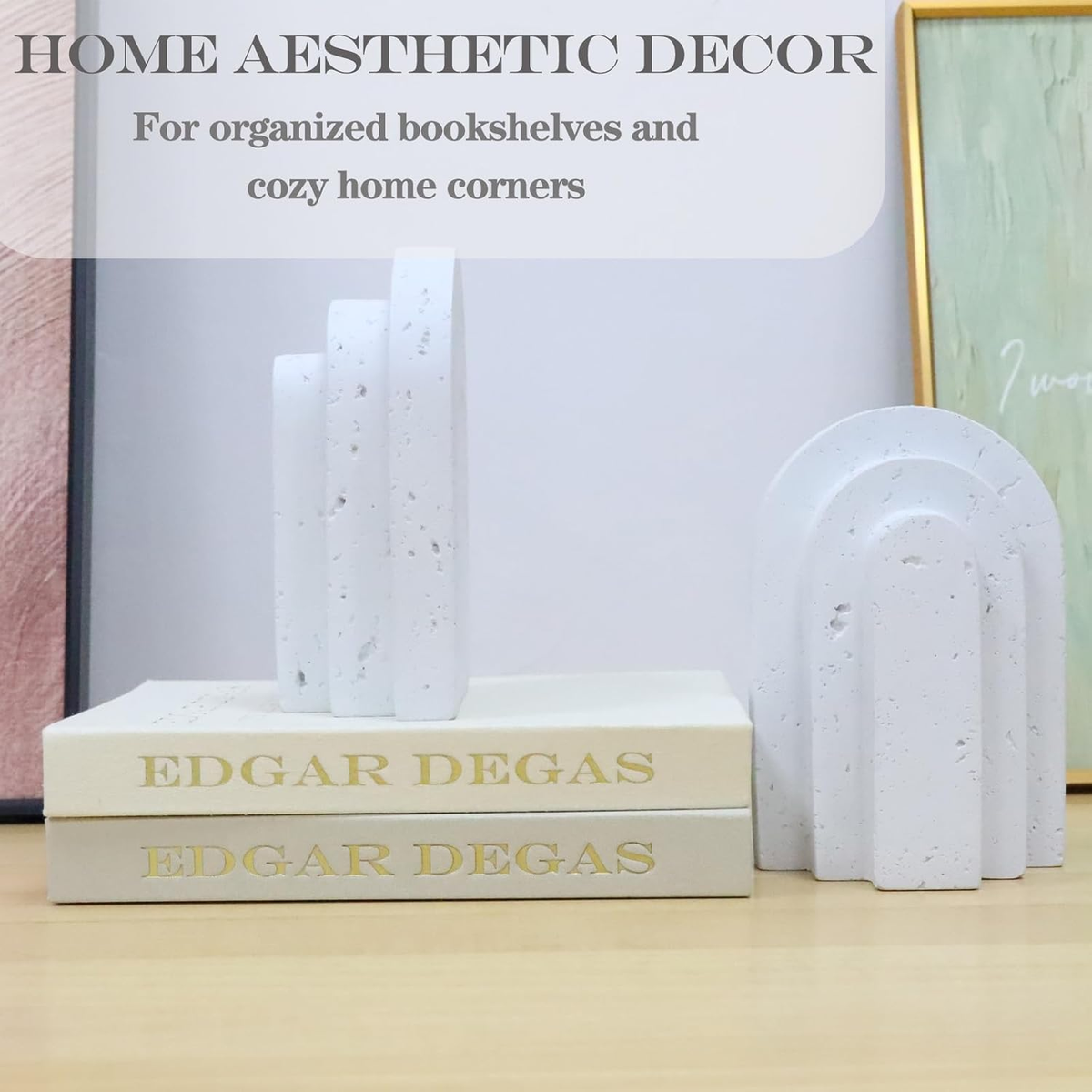 Travertine Book Ends - Heavy Duty Concrete Bookends With Geometric Design For Home Office Decor, White