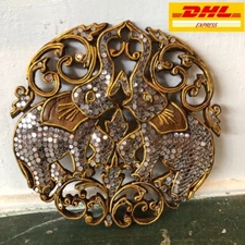 Wood Carved Art Diameter 12 In Pattern Elephant Decorated Glass Décor. Wall