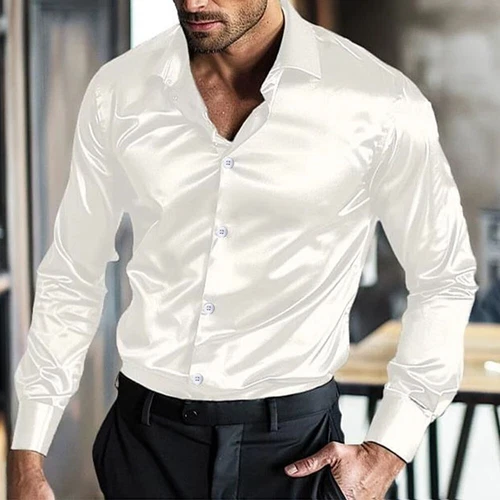 Satin Seide Langarm Hemd für Herren Freizeithemden Hochzeit Party Disco Club - Bild 6 von 27