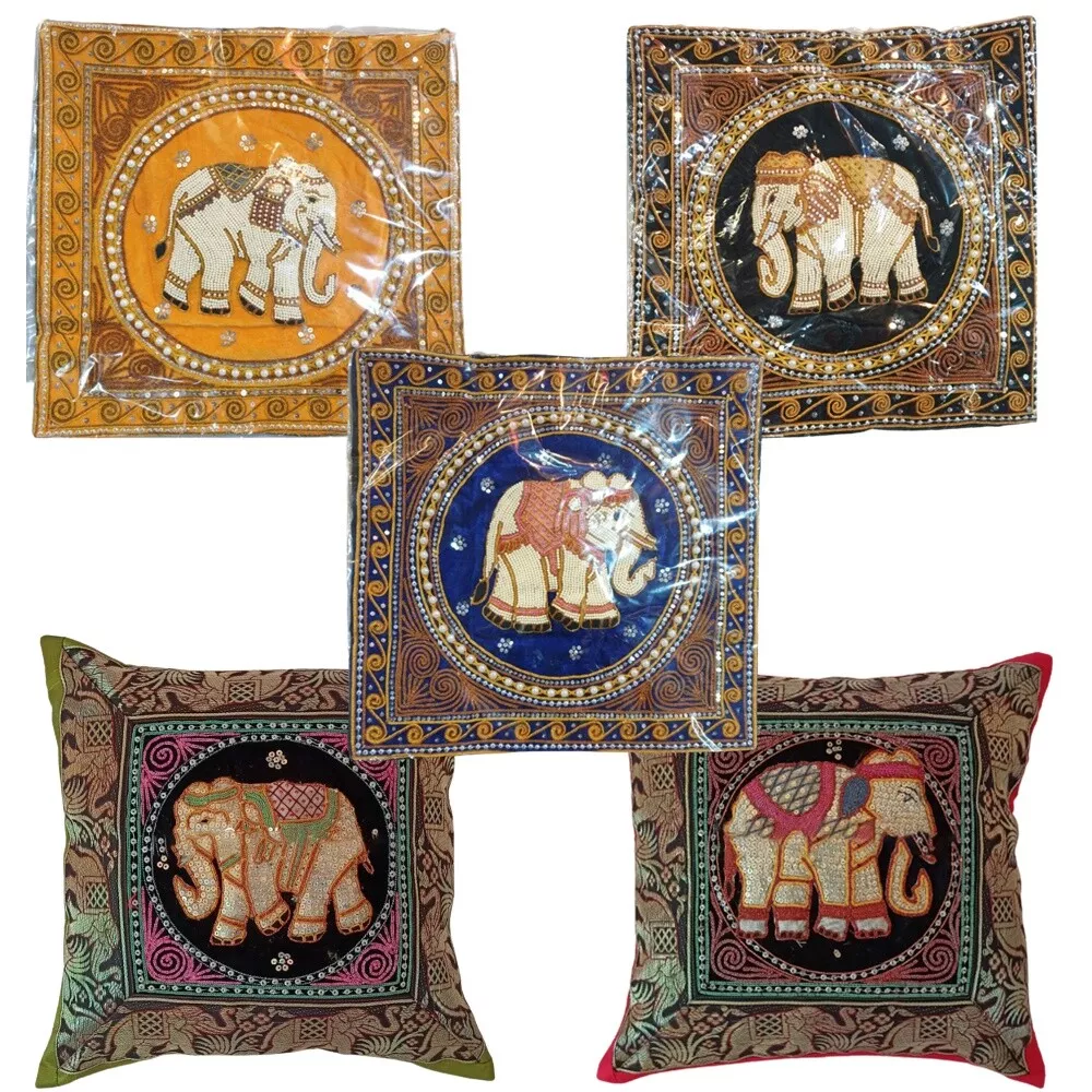 Thai Elephant Embroidered Artificial Silk Throw Pillow Cases Set