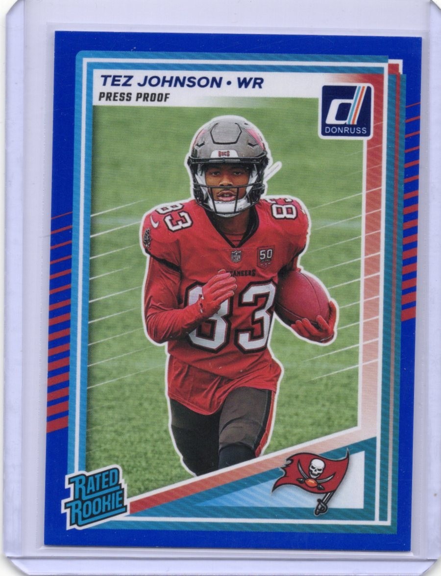 2025 Panini Donruss - Rated Rookie Tez Johnson #313 Press Proof Blue (RC)