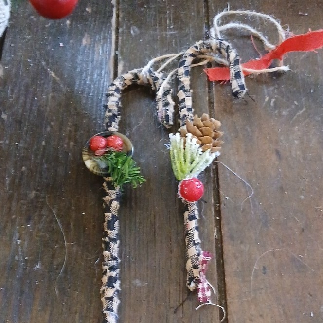 Handmade Rustic Candy Cane Ornaments with Pinecone, Red Berries Set of 2
