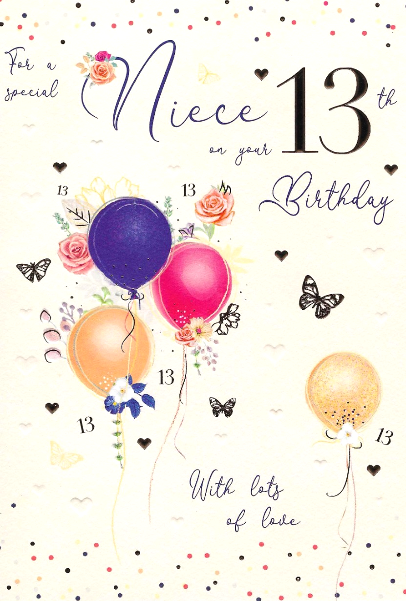 Birthday Card NIECE 13th 13. *Nine Inch Foiled Card, Paper pages inside*