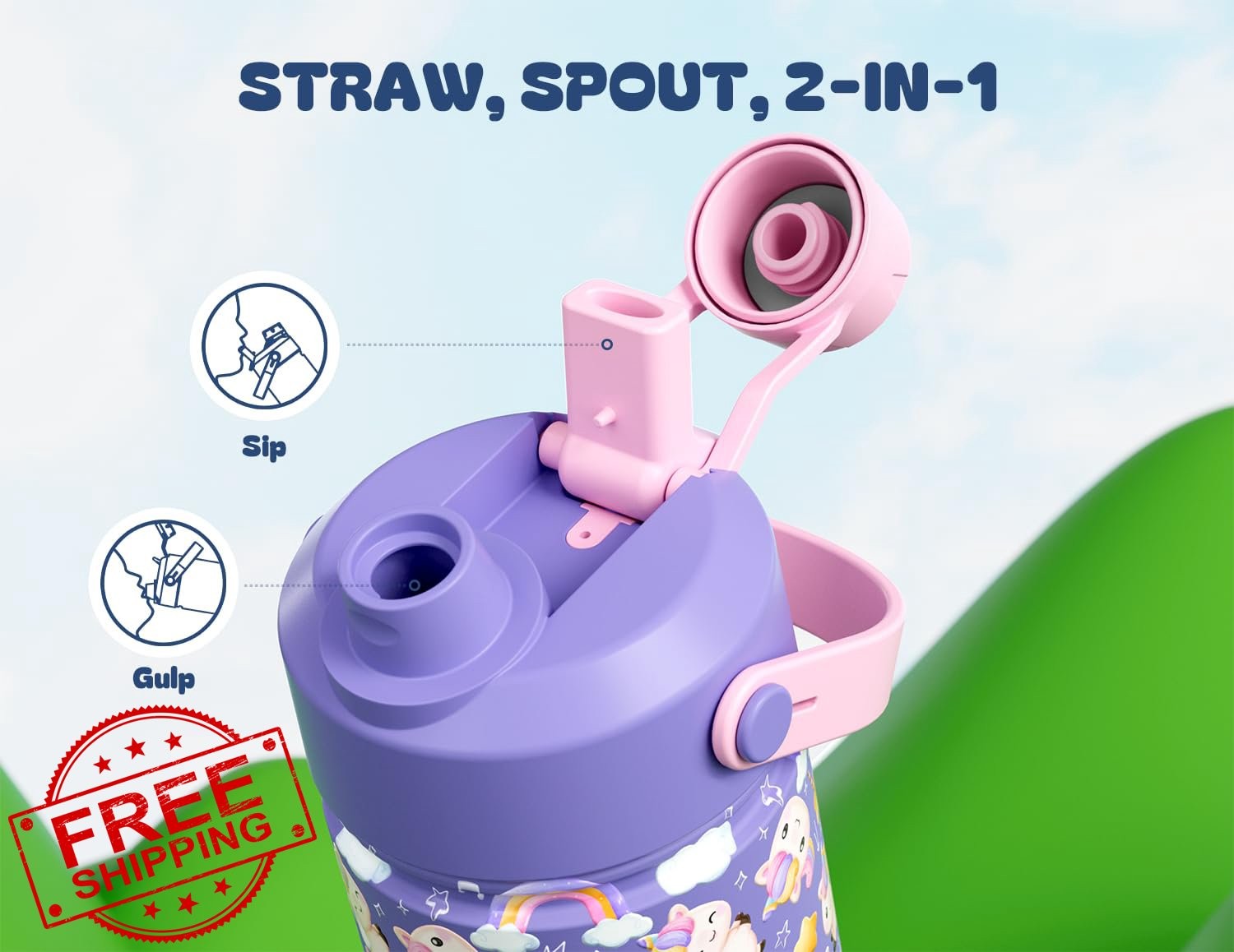 12oz Insulated Water Bottle Kids Unicorn Jam Straw Spill-proof Cold 24H
