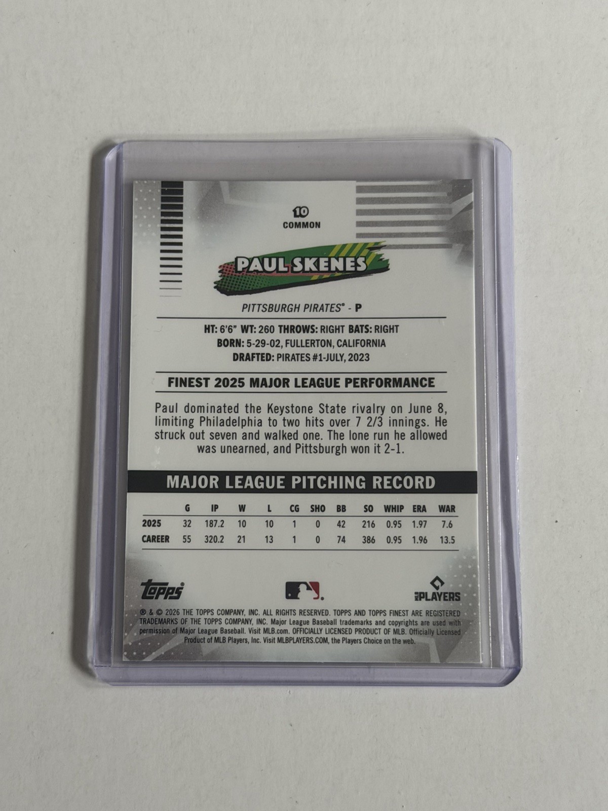 Paul Skenes 2026 Topps Finest Common Mini Diamond Refractor #110 Pirates view 2