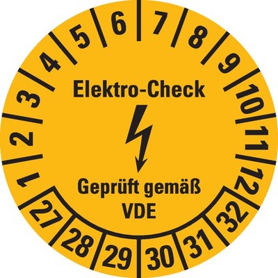 Prüfplakette Elektro-Check,VDE, 27-32, gelb,Dokumentenfolie,Ø 3cm,500/Rolle
