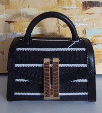 DeMellier London Black/White Striped Leather & Canvas Top Handle Bag Gold Clasp