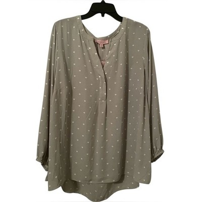 Philosophy Women's Taupe Green White Heart Print Split V-Neck Top Size 2X