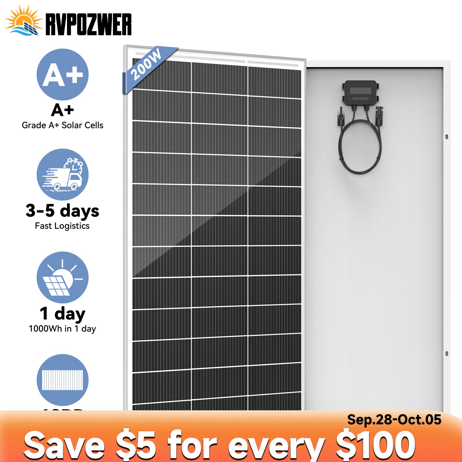 200W 12V Solar Panel 18BB Mono Battery Charge RV PV Home Off-Grid Battery Power