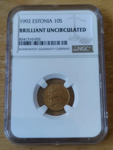 1992 Estonia 10 Senti Coin w/ Lions Graded Brilliant Uncirculated By NGC Grading