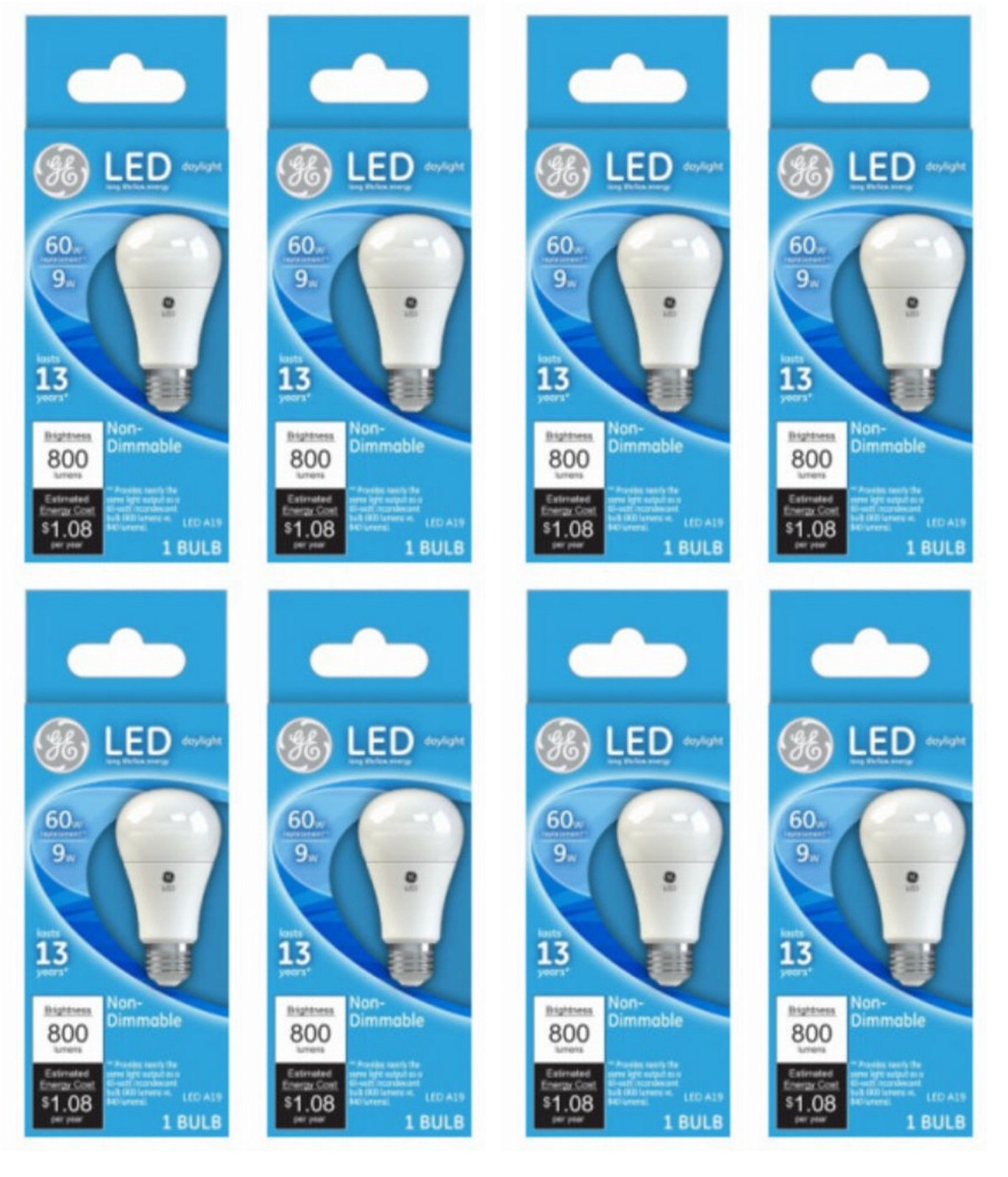 (case of 8) GE Lighting 61966 LED A19 Bulb, 9 watts, 800 lum