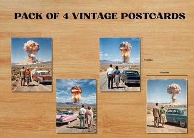 Set of 4 Postcards - Atomic Bomb Desert Scene Retro Surreal Art Style 4x7 Inches