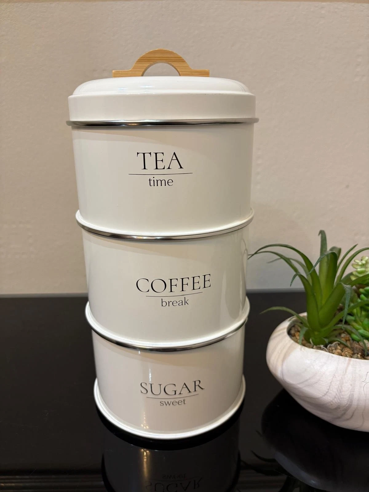 Cream Stacking Tea Coffee Sugar Canister Set of 3, Metal Kitchen Storage Jars