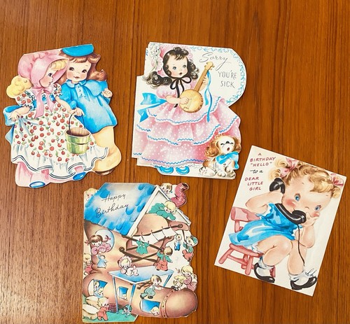 4 Vintage 1948-54 entzückende Grußkarten für Kinder/kleines Mädchen - gebraucht + süß zum Basteln - Bild 2 von 4