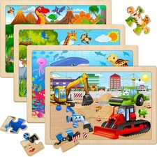 Wooden Puzzles for Kids Ages 4-6, 4 Pack with 24 Pieces Dinosaur, Animal, Ocean,