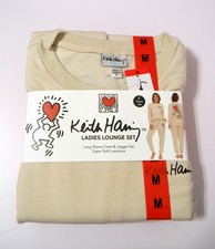 Keith Haring Women's Soft Fleece Lounge Set Long Sleeve Crew  Joggers Cream M