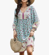 Bluetime Women Casual Boho Summer Dress Light Blue Rose L