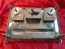Silver-plate Victorian Desk Set Inkwells and Pen Holder  Egyptian Revival Style