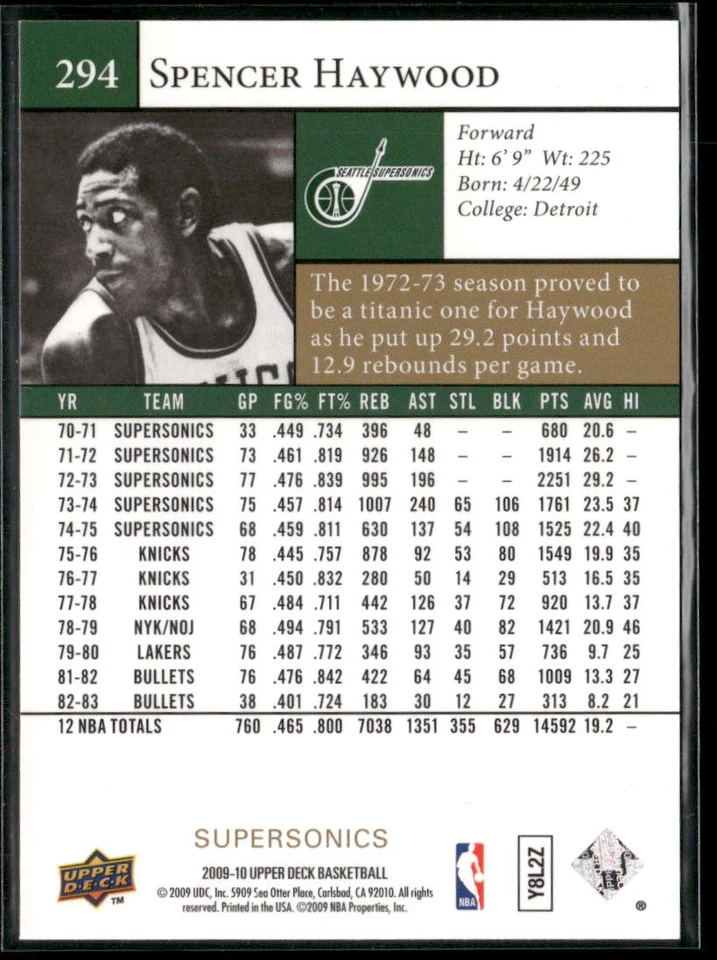 2009-10 Upper Deck #294 Spencer Haywood - Image 2 of 2