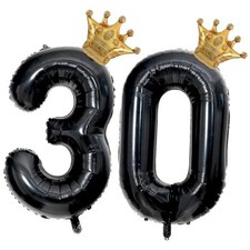 Black 30 Balloon Number with Gold Crown Balloons 40 inch 30 Birthday Number 30