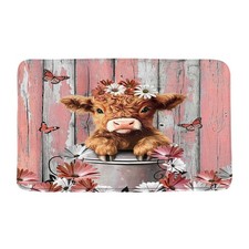 Funny Highland Cow Bath Mat Farm Pink Daisy Floral Rustic Western Farmhouse A...