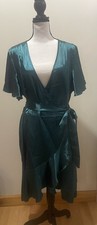 BloomChic Dark Green Plunging Belted Faux Wrap Ruffle Hem Dress - Size 16