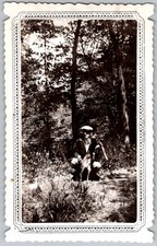 Vtg B&W Snapshot Man With Dog In Woods 1940s