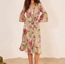FARM Rio Floral Ruffle Beaded Tassels midi linen blend tan pink Dress L