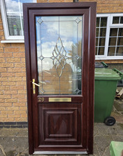 Rosewood/white pvc door with bevelled/obscured glass. 920 x 2090mm. 