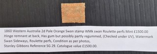 1860 Western Australia 2d Pl Orange Swan stamp WMk swan Roulette perfs Mint£1500