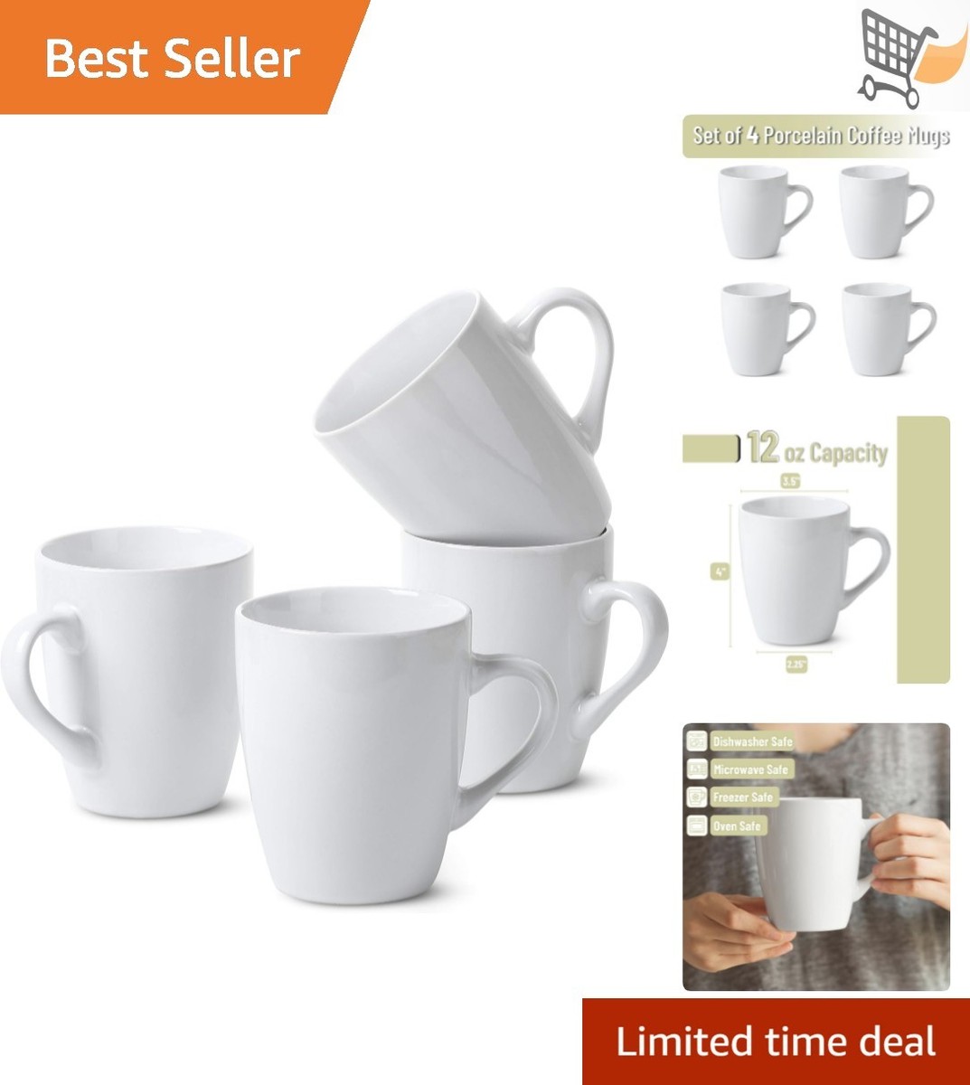 Set of 4 White Coffee Mugs 12 oz Bone China Modern Dishwasher Safe