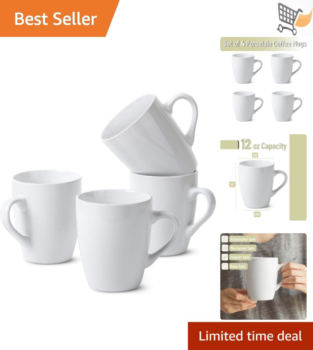 Btat- White Coffee Mugs, Set of 4, 12 oz, Fine Bone China Porcelain