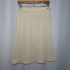 Boho Cream Crochet Knit Midi Skirt Elastic Waist Pointelle A-Line Ivory Cottage