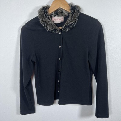 Vintage Knit Works Cardigan Girls Plus XL Faux Fur Collar Retro Black Y2K USA
