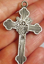 Religious silver tone ornate first Communion cross pendant medal