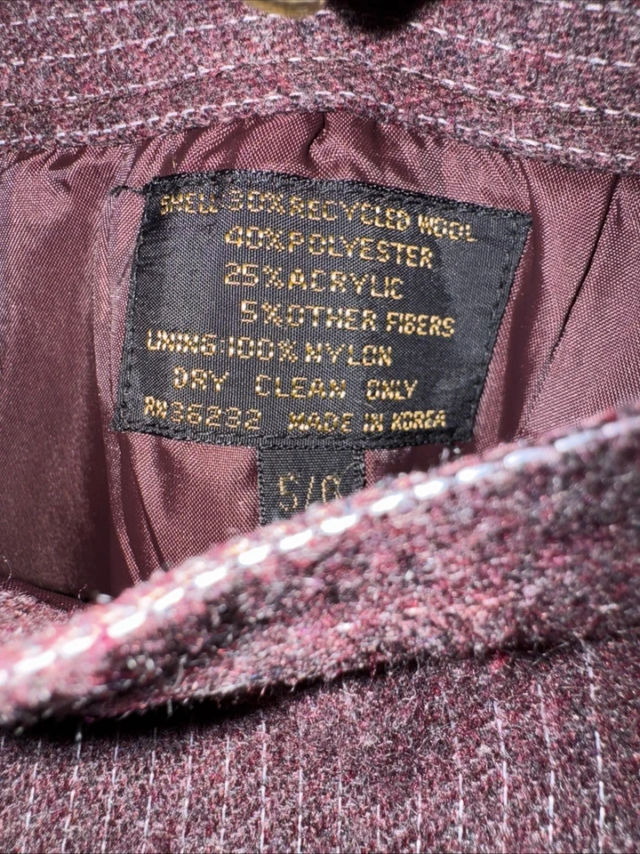 Traje falda mujer 5/6 mezcla lana, borgoña pin raya, retrato vintage Foto 4 de 4