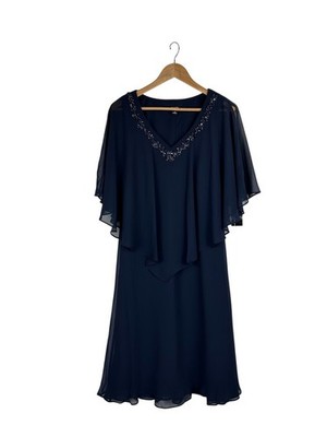 NWT Slny Women's 14 Dress Chiffon Evening Beaded Neckline Cape Overlay Navy Blue