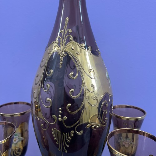 Vintage Tre Fuochi Murano Venetian Glass Aperitif Set Ruby & Gold Raised Flowers - Picture 7 of 12