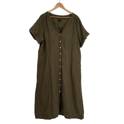 Talbot s Women s LINEN Olive Green Button Up Shirt Dress Size 16W Minimalist
