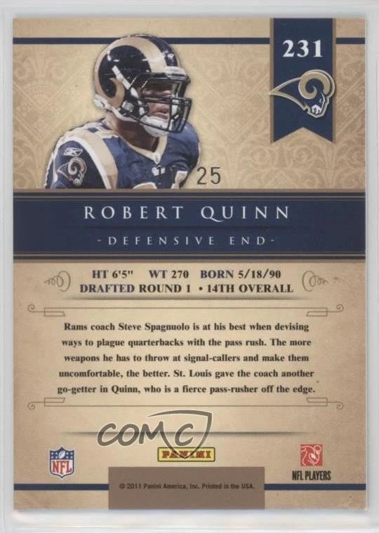 2011 Panini Gold Standard Platinum Gold /25 Robert Quinn #231 Rookie RC - Image 2 of 2