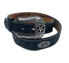 Justin Men's 42 Belt Black Leather Ranch Star C12423 Western Tooled Concho USA