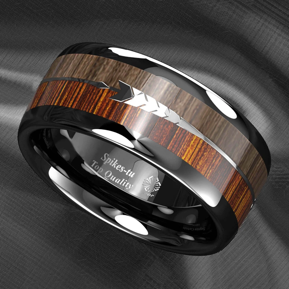 8/6mm Black Dome Tungsten Ring 2 Style Wood Arrow Wedding Band ATOP Men Jewelry - Image 2 of 4