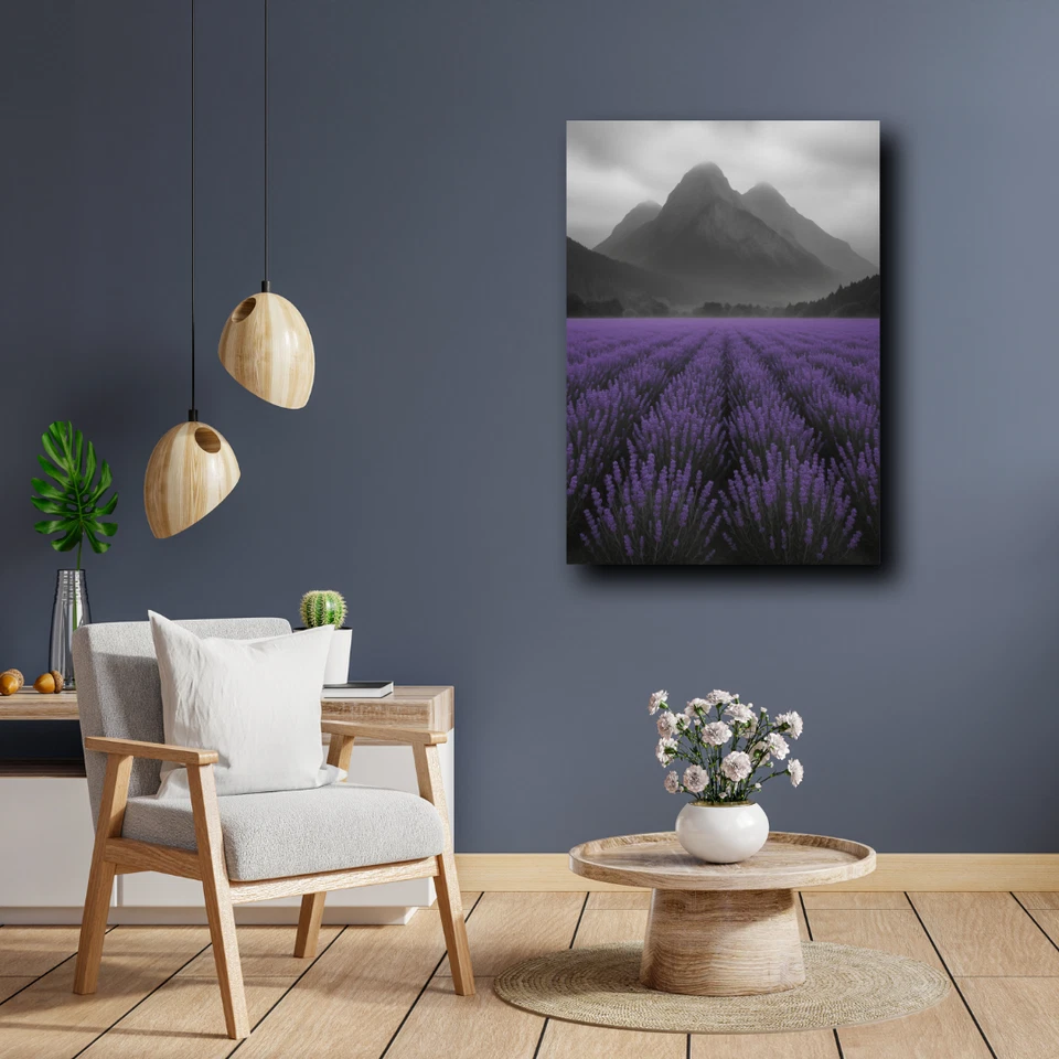 Lavender Field & Misty Mountains – Canvas Wall Art | Moody Floral Nature Print | - Image 3 of 4
