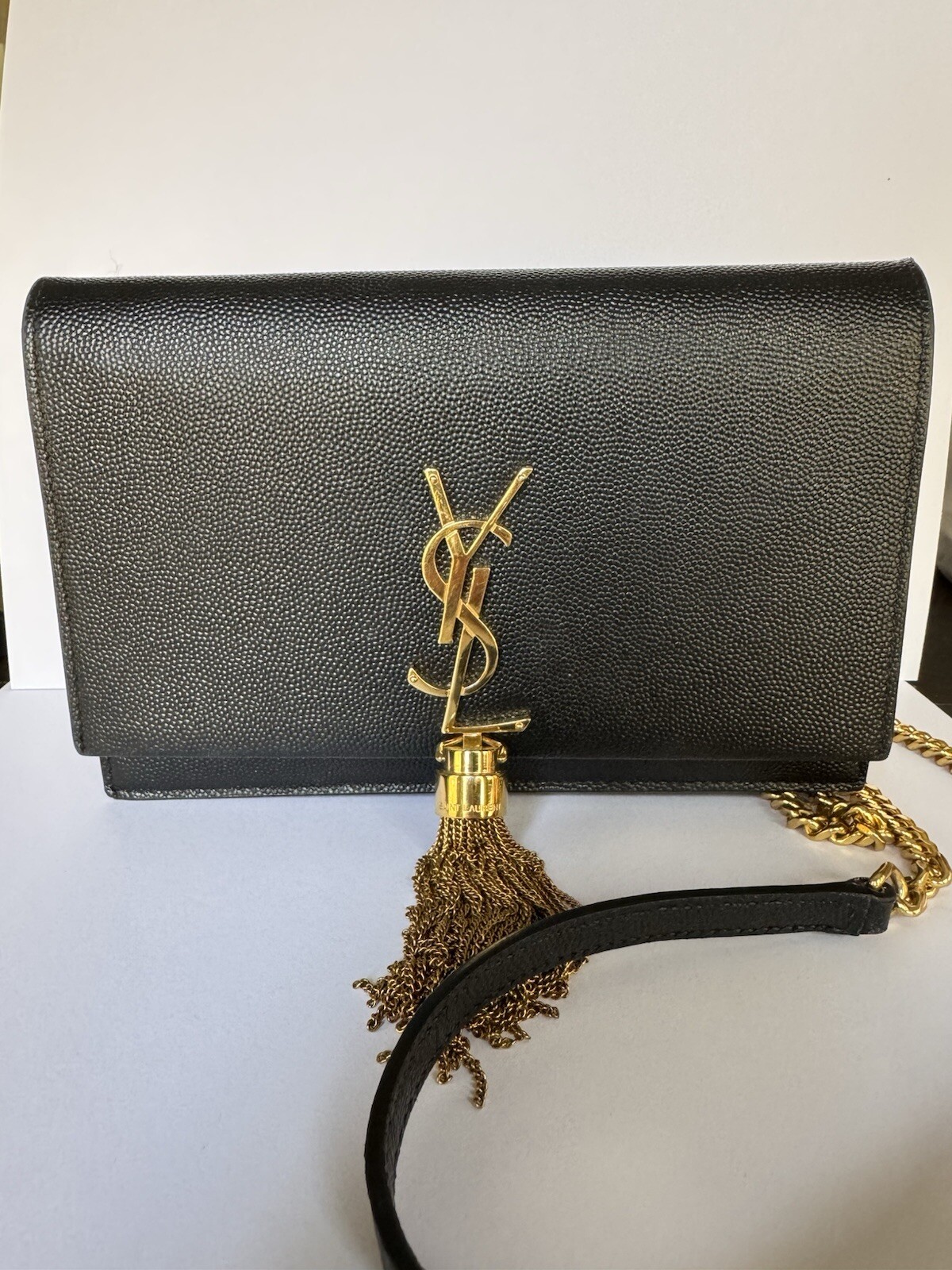 SAINT LAURENT YSL MONOGRAM KATE LEATHER CHAIN WALLET WOC/CLUTCH WITH GOLD TASSEL