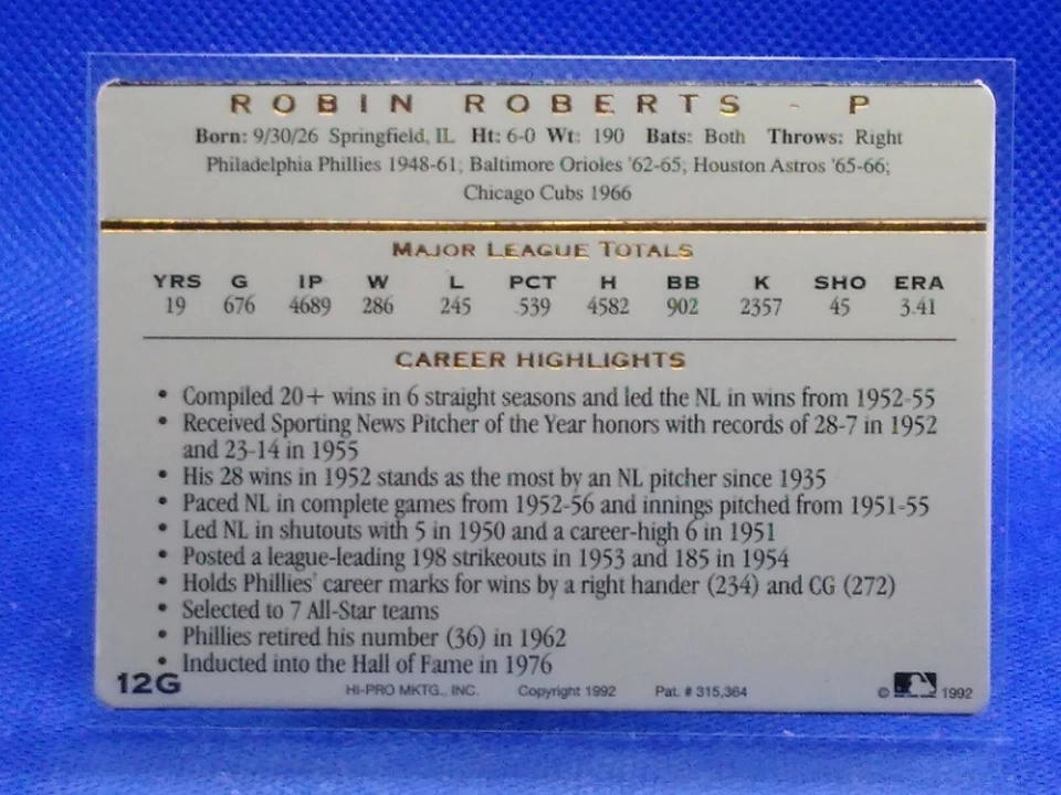 1992 Hi-Pro 24 Kt Gold 3-D ACTION PACKED Baseball, Robin Roberts #12G - Image 2 of 2