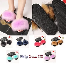 Fuzzy Fluffy Faux Fur Slides Slippers Flat Soft Sandals Open Toe Slip On Shoes